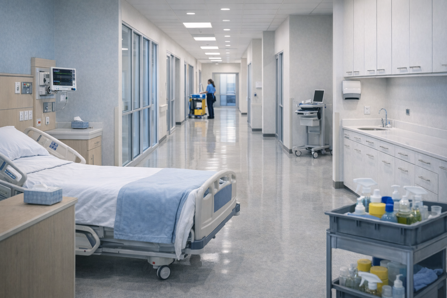 Clean hospital room and corridor